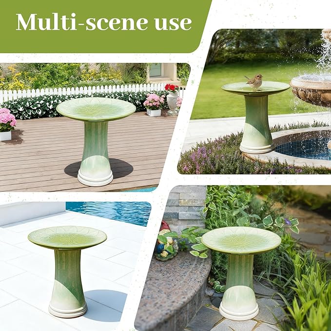 Handmade Green Gradient Glaze Ceramic Bird Bath 16.93 inch Diameter 18.11 inch Height Outdoor Gfor Birds Bathing Feeding Lightweight Weather Resistant