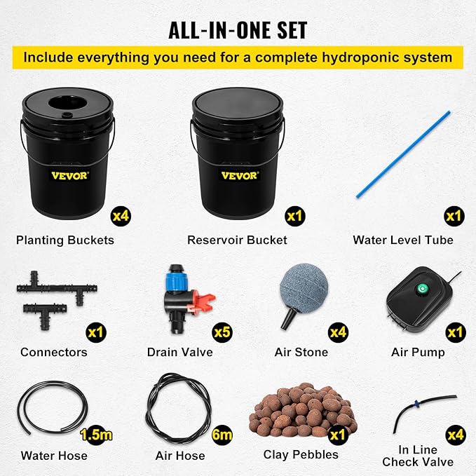 VEVOR DWC Hydroponic System 5 Gallon 5 Buckets Deep Water Culture Growing Bucket Hydroponics Grow Kit with Pump Air Stone and Connected Reservoir for Indoor/Outdoor Leafy Vegetables