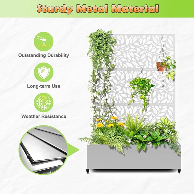Metal Raised Garden Bed with Trellis 2 in 1 Trellis with Planter Box &amp Privacy Screen for Climbing Plants Vine Outdoor Standing Flower Beds with Drainage Holes47.2 L x 16.7 W x 70.8 H(Whit