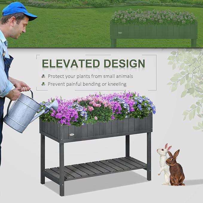 Outsunny 43x18x30in Raised Garden Bed with 8 Pockets and Shelf Wooden Elevated Planter Box with Legs to Grow Herbs Vegetables and Flowers Dark Gray