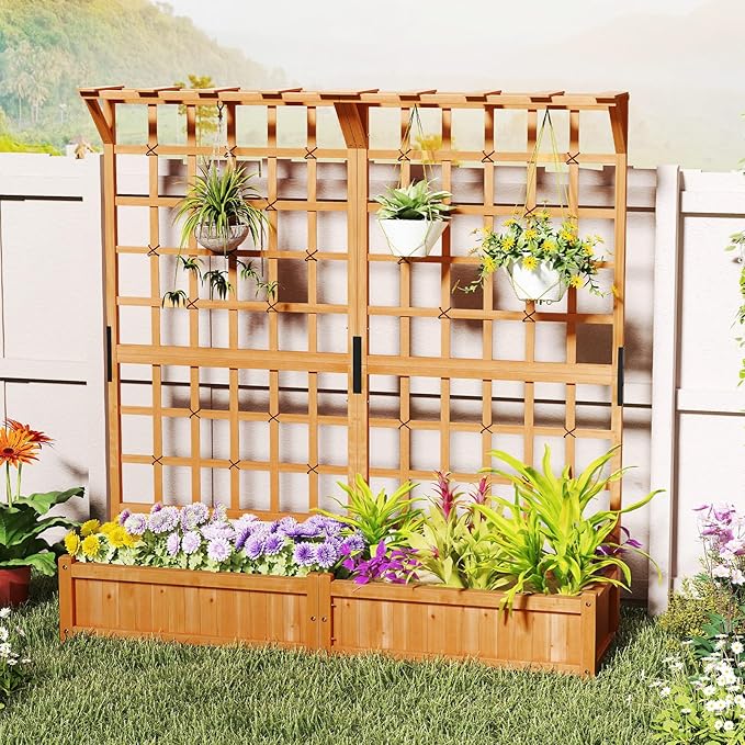 72 Raised Garden Bed with Lattice Trellis Hanging Roof &amp Drainage Holes Elevated Wooden Planter Box for Vine Climbing Plant Flower Herb &amp Vegetable