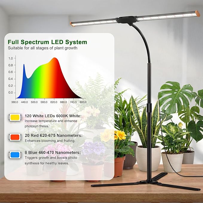 Grow Light for Indoor Plants6000K (100W Equiv) White Full Spectrum Growing Lamp with Base Stand for Home Office Desk top Pot Plants Growth Timer 4/8/12Hrs &amp Height Extendable 10-25''
