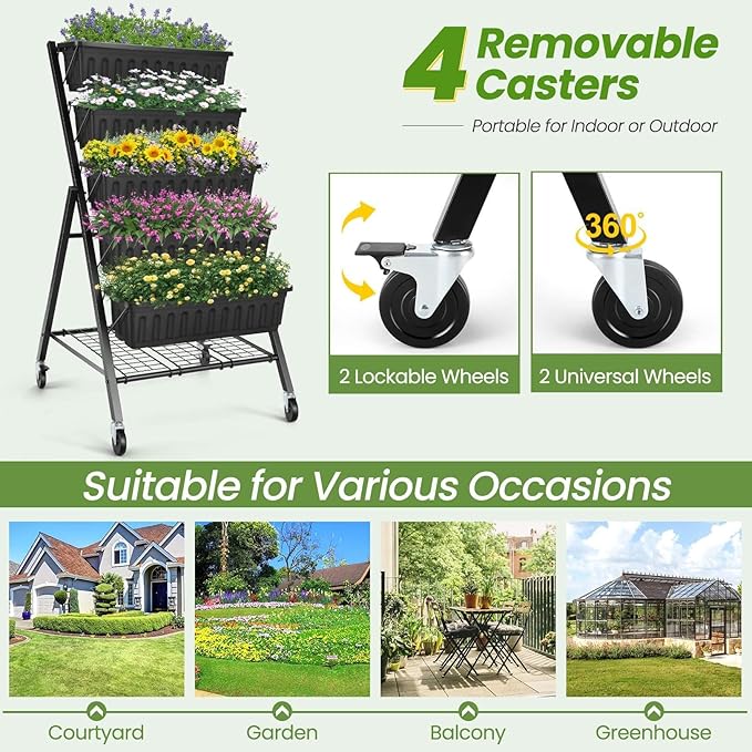 SEJOV 5-Tier Raised Garden Bed 4FT Vertical Garden Planter with Storage Rack and Lockable Caster Wheels Indoor Outdoor Raised Planter Box with Drainage System for Vegetables Flowers Herbs Black