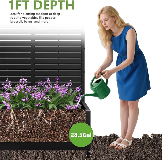Casaphoria Metal Raised Garden Bed with Trellis and Wheels 72x35x16 Arched Planter Box for Climbing Plants Vegetables &amp Vines Features Drainage Holes and Privacy Screen (Black-Louvered)