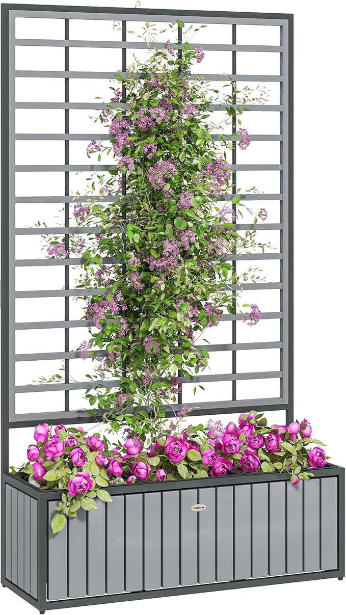 Outsunny Wooden Raised Garden Bed with Trellis Removable Pots Drainage Holes for Climbing Vines Vegetables Flowers Raised Planter Box for Backyard Patio Balcony 29 x 11 x 52 in. Gray