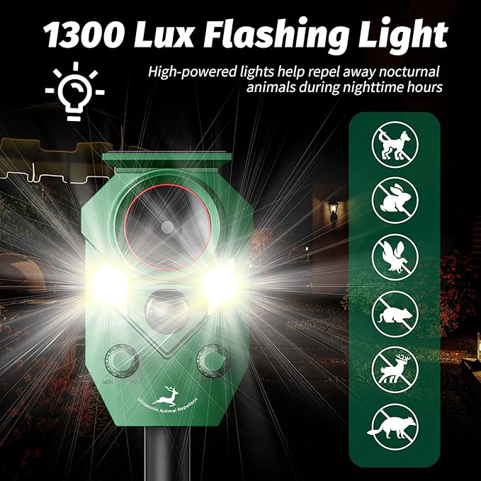 Solar-Powered Ultrasonic Animal Repellent with Motion Sensor Perfect for Outdoor Yards Deer Repellent Device with LED Flashing Lights Effective to Repel Deer Coyotes Raccoons and Cats