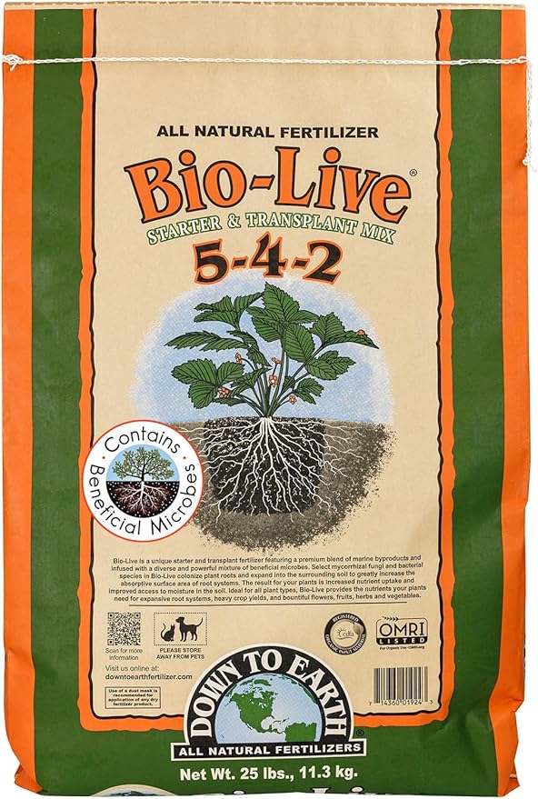 Down To Earth All Natural Fertilizers Organic Bio-Live Starter &amp Transplant Mix with Mycorrhizal Fungi and Benefical Microbes for Plant Food 5-4-2 25 lb