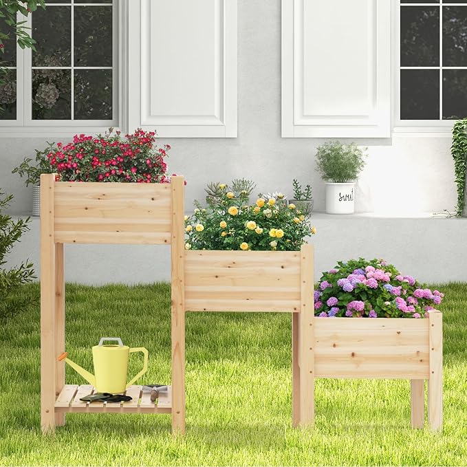 S AFSTAR 3-Tier Wooden Raised Garden Bed Elevated Garden Planter with 3 Planter Boxes Open Storage Shelf Drainage Holes Outdoor Vertical Plant Container for Vegetables Flowers Herbs Growing