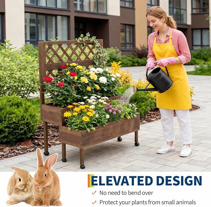 41.93x22.44x54.13 Raised Garden Bed with Trellis 2-Tier Planter Box with Legs Elevated Wood Planter Box Stand for Backyard Patio Balcony with Wheels Drainage Holes Brown