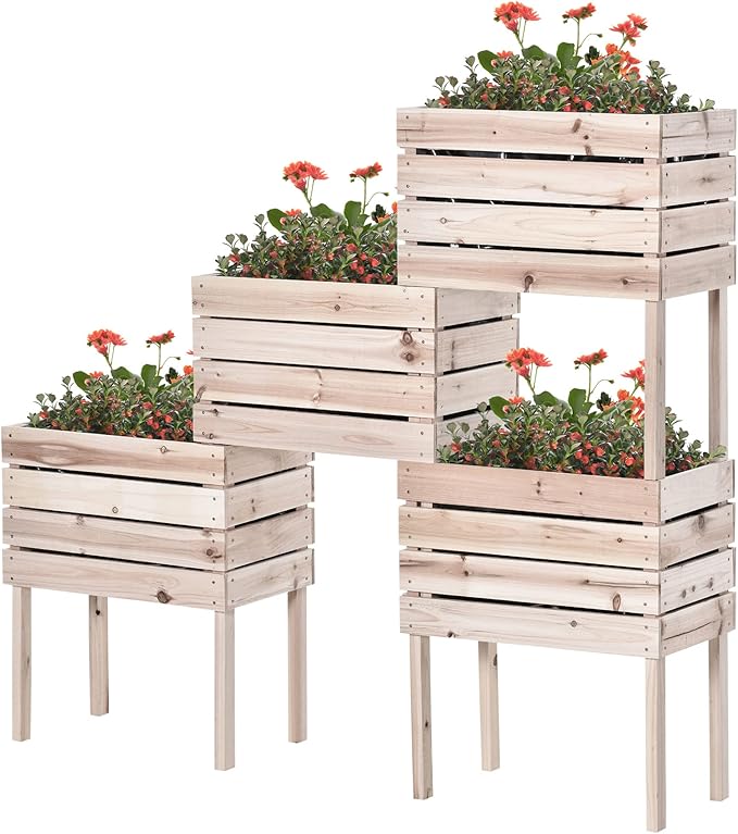 4PCS Raised Garden Bed Wooden Elevated Planter Box Kit with Bed Liner DIY Shape for Flowers Vegetables