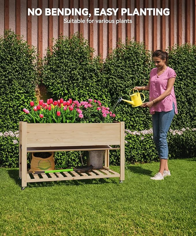 Raised Garden Bed 48x24x32-Inch Mobile Elevated Wood Planter Raised Beds w/Lockable Wheels Protective Liner and Storage Shelf for Growing Vegetables and Herbs