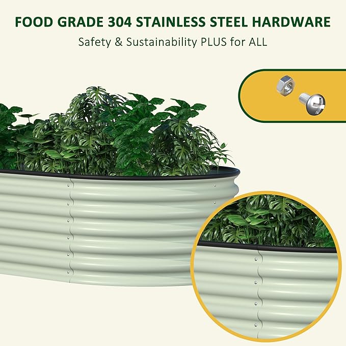 MUPATER 8ftx2ftx1.4ft Raised Garden Bed Outdoor for Vegetables 9-in-1 Galvanized Metal Planter Box 17''H Modular Garden Bed Kit Oval for Herbs and Flowers Pearl White