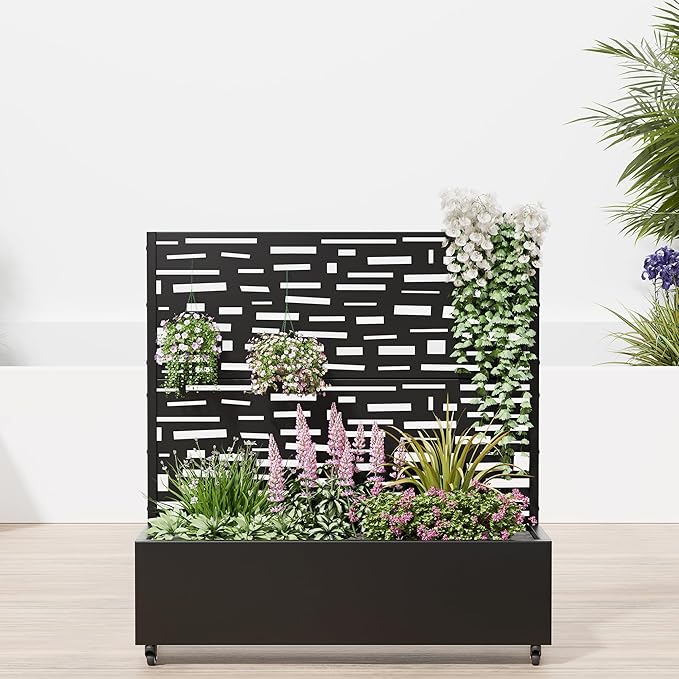 Casaphoria Raised Garden Bed Metal Planter Box with Trellis 47x47x16 for Outdoor Climbing Plants Flowers Vegetables and Vines Privacy Screen with Wheels and Drainage Holes(Black Street)