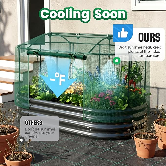 Quictent Galvanized Raised Garden Bed Kit with Self Watering System and Mesh Cover Large Oval Metal Outdoor Planter Garden Boxes for Vegetables Herbs Flowers 6x3x1Ft
