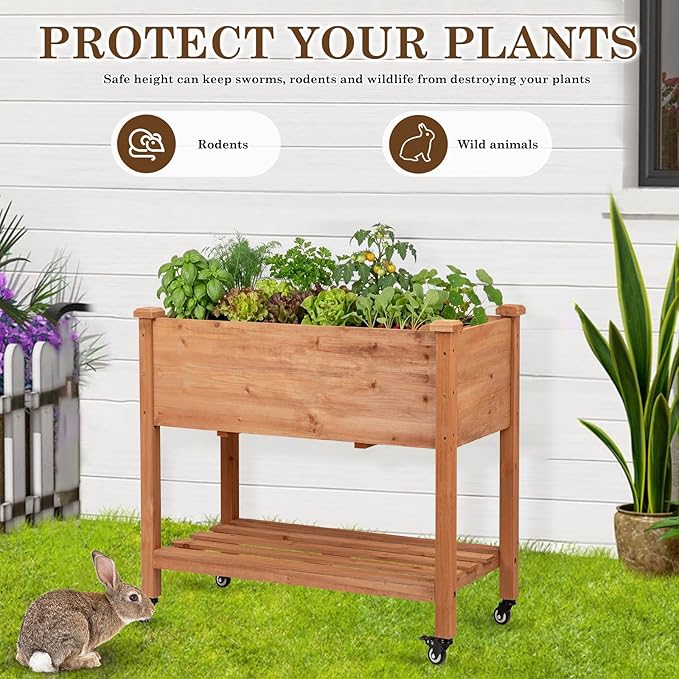 Raised Garden Bed with Lockable Wheels 32x16x32 inch Elevated Wood Planter with Storage Shelf Protective Liner for Vegetable Flower Herb Outdoor Balcony Patio Backyard Brown