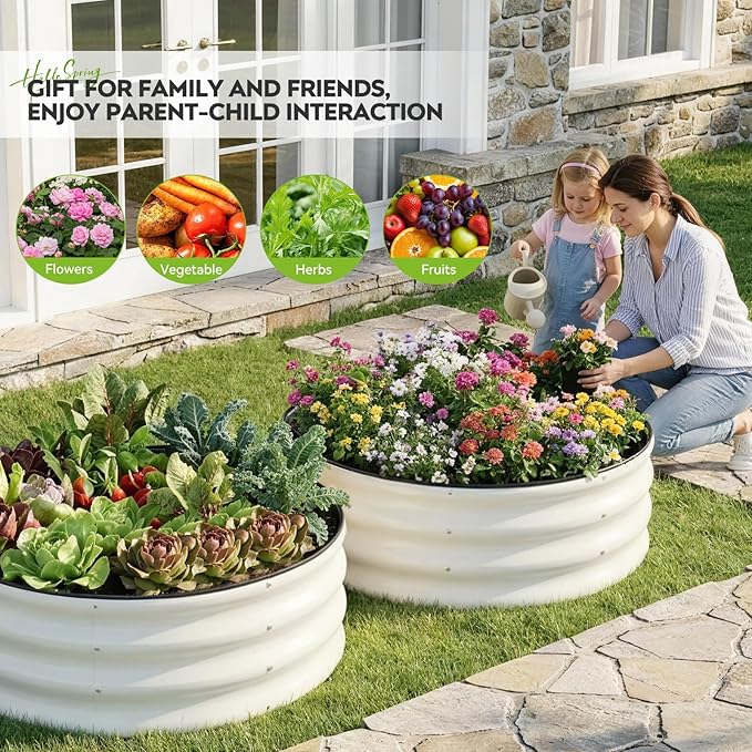 ZORMY Galvanized Raised Garden Bed Outdoor Round Metal Planter Boxes 2 Pcs 3x3x1ft Steel Raised Bed Kit for Planting Vegetables Fruits Flowers(White)