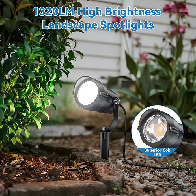 HIBOITEC 12W Spot Lights Outdoor 110V to 120V Landscape Lighting Waterproof Spotlight with 4.9ft 3-Plug LED Plug in Landscape Lights for Yard Gardern Decorations 5000K 2Packs