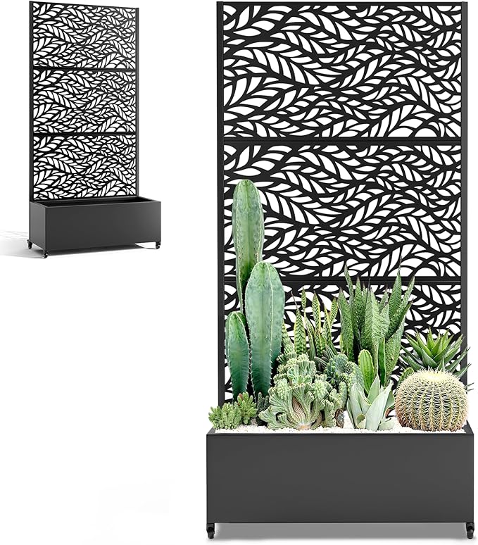 Metal Standing Planter Box with Trellis Privacy Planter for Patio Outdoor Raised Garden Beds with Trellis for Climbing Plants Garden Boxes with Wheels &amp Drainage Holes (35L Black Spring)