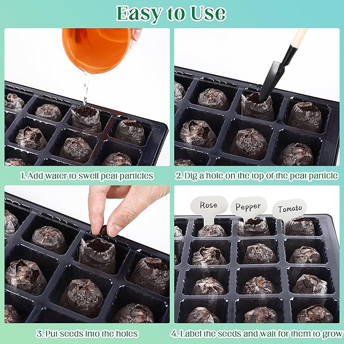 4 Sets Seed Starter Tray Kit Germination Starter Tray with Humidity Dome and Base Include 100 Peat Pellets 100 Plant Labels Garden Tools Plastic Plant Growing Trays for Greenhouse Garden Black