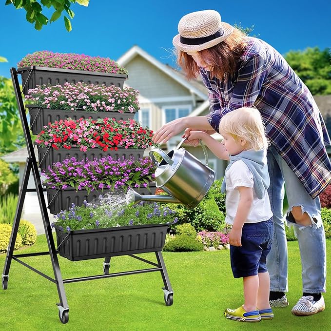 Suyncll Vertical Raised Garden Bed Planter Box 5 Tiers Vertical Garden Planter with Drainage System and 4 Hooks for Plants Vegetables Flowers (Black with Wheels)