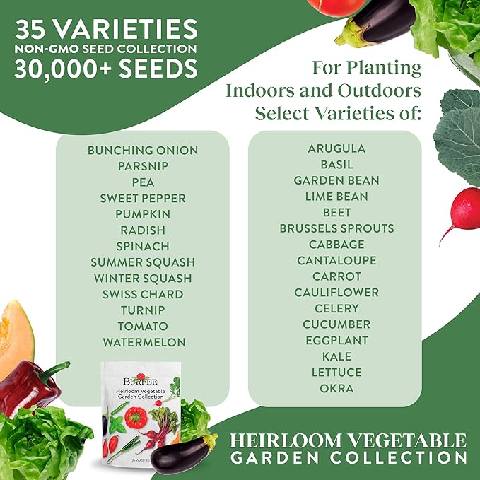 Burpee Heirloom Vegetable Seeds Variety Pack with 35 Varieties of Plant Seeds 30000+ Garden Seeds - Mixed Non-GMO Seeds with Select Varieties of Lettuce Beans Tomatoes Peppers Squash and More