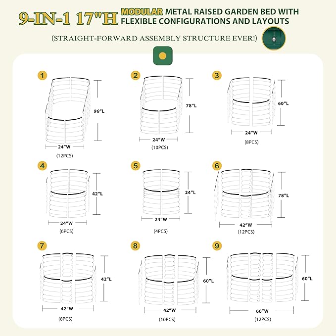 VEIKOU 17 H Raised Garden Bed 8x2FT Galvanized Raised Garden Bed with Flexible Configuration &amp Layout Metal Planter Boxes Outdoor for Plants Flowers 9 in 1 Raised Garden Bed Kit Green