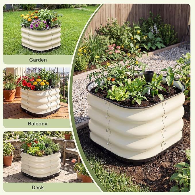 BPS Self-Watering Raised Garden Bed 16.5'' with Drainage Plugs Indoor/Outdoor Metal Raised Beds for Gardening Durable Galvanized Planter Box for Vegetables Flowers Herbs and Fruit