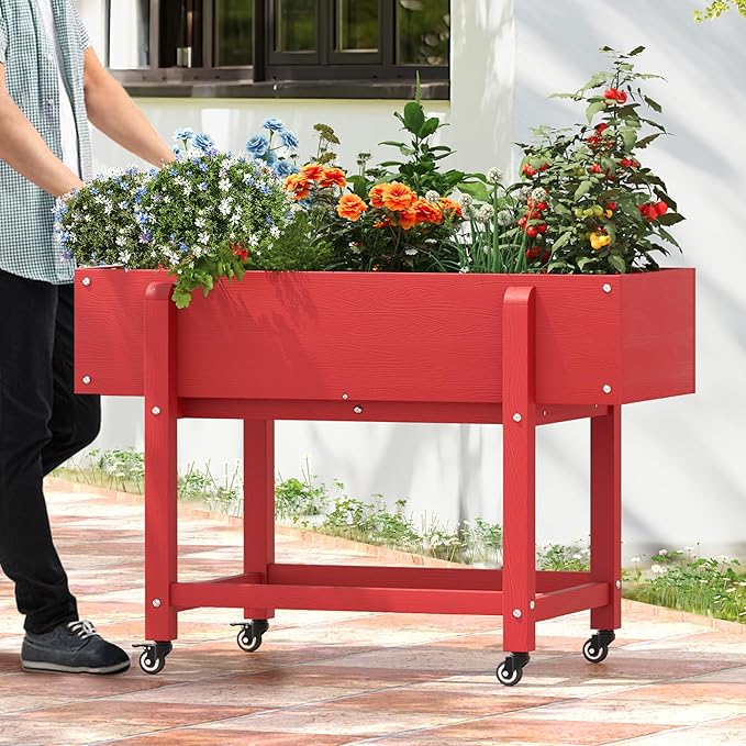 LUE BONA Raised Garden Bed with Wheels 39.4 * 16.7 * 28 in Poly Elevated Outdoor Planter Box with Tools Weather Resistant Standing Growing Bed Herb Planter for Vegetable Flowers Fruits