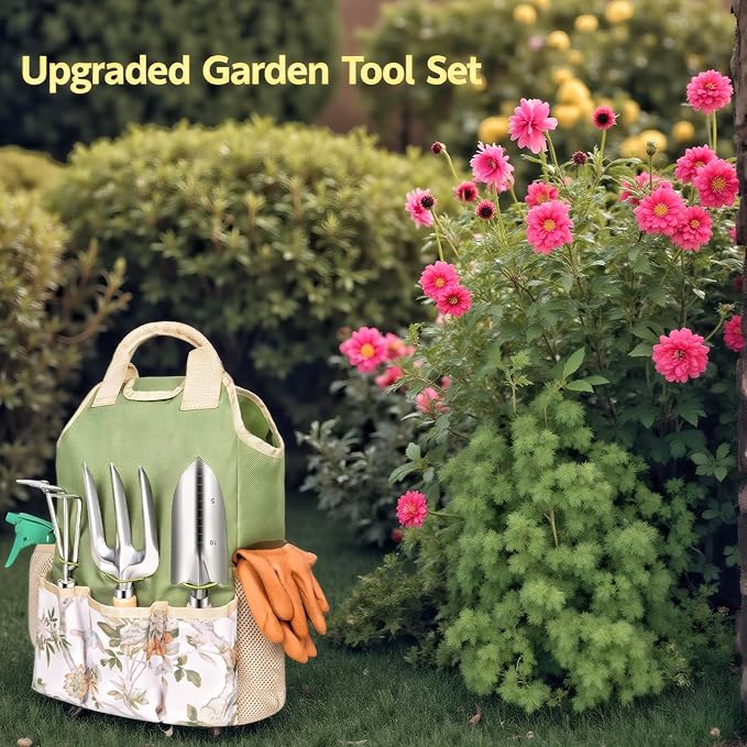 Gardening Tool Set 10 Pieces Heavy Duty Stainless Steel Garden Tool Set Hand Tools with Roomy Lightweight Floral Tote Bag Rust-Proof Garden Tools for Gardening Ideal Gardening Gifts for Women Mom