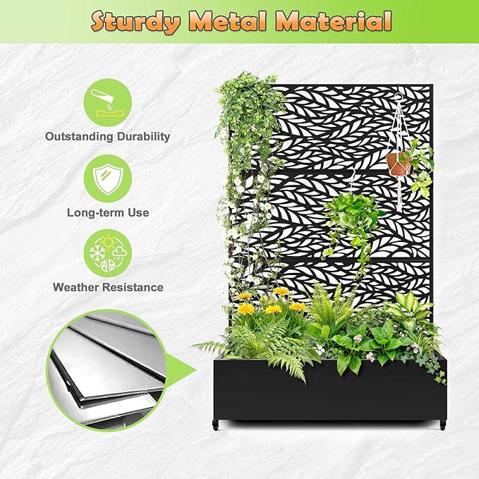 Metal Raised Garden Bed with Trellis 2-in-1 Planter Box &amp Privacy Screen for Climbing Plants Outdoor Standing Flower Bed with Drainage Holes 47.2 L x 16.7 W x 70.8 H Black-Spring