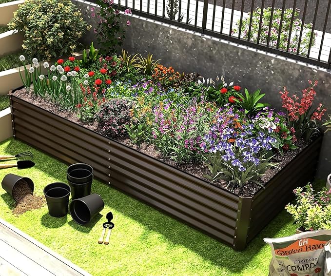 6x3x1.5ft Galvanized Raised Garden Bed Outdoor Planter GBoxes Large Metal Planter Box for Gardening Vegetables Fruits Flowers Brown