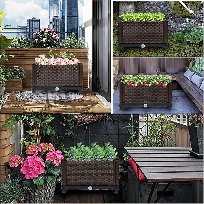 Square Raised Garden Bed Garden Free Splicing Planting Box Outdoor Indoor Planting Container Stylish Rattan Pattern Set of 1 Brown