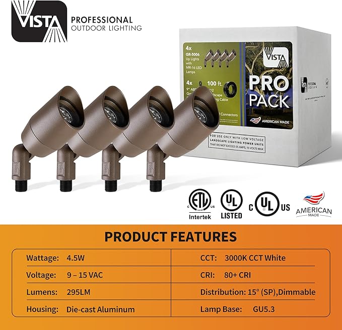 VISTA 4 Pack Cast Aluminum Landscape Spotlights Low Voltage Landscape Lighting 100FT 14/2 Landscape Wire Spot Lights Outdoor with 4.5W MR16 LED Bulb for Yard Garden Lawn Tree (Bronze)