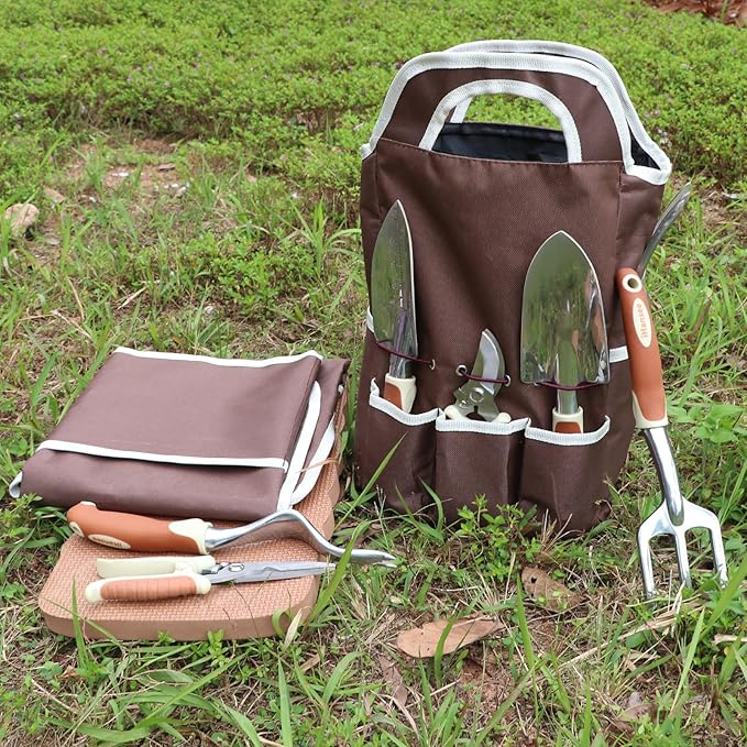 Brown Gardening Tools Set 12-Piece Garden Hand Tool Kit with Non-Slip Ergonomic Handle Storage Tote Bag Garden Apron Gloves and Kneeling Pad Gardening Gifts for Women Men Plant Lover