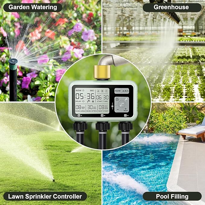 Watering Timer 3 Zone with Brass Inlet Sprinkler Timer Programmable Garden Outdoor Hose Faucet Timers with Rain Delay Auto &amp Manual Watering SystemWater Hose Irrigation Timers 3 Outlet for Gar