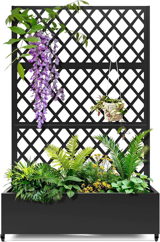 Metal Planter Trellis Box with Wheels &amp Drain Plug Outdoor Raised Garden Bed Patio Privacy Screen with Planter for Climbing Plants Vegetables 73x47x16 Black-Diamond