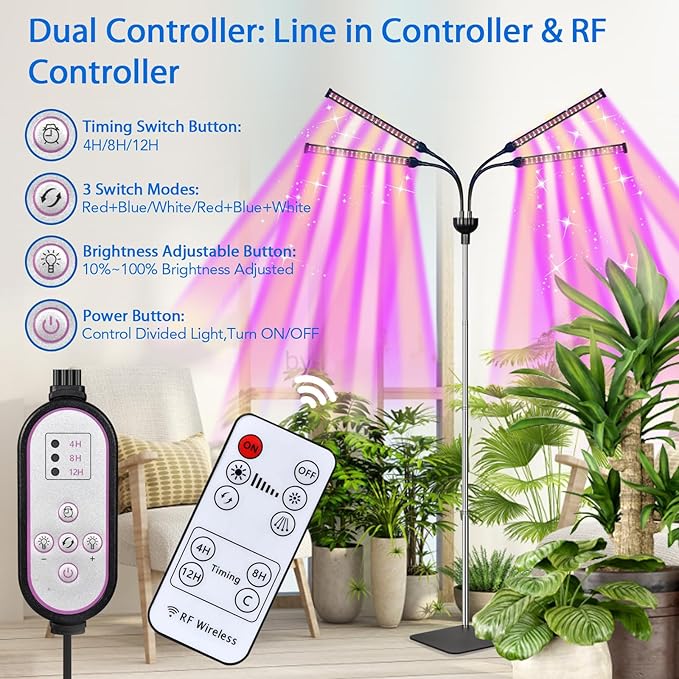 Grow Lights for Indoor Plants 4 in 1 Full Spectrum Plant Lights for Indoor Growing with Adjustable Brightness On/Off Switch and Timer Plant Grow Light liftable Height for Plant Growth and Flowe