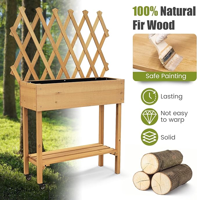 Raised Garden Bed with Trellis Fir Wood Elevated Planter Bed with Legs 2 Lockable Wheels &amp Storage Shelf Wooden Planter Box Raised Bed for Gardening Backyard Balcony &amp Greenhouse
