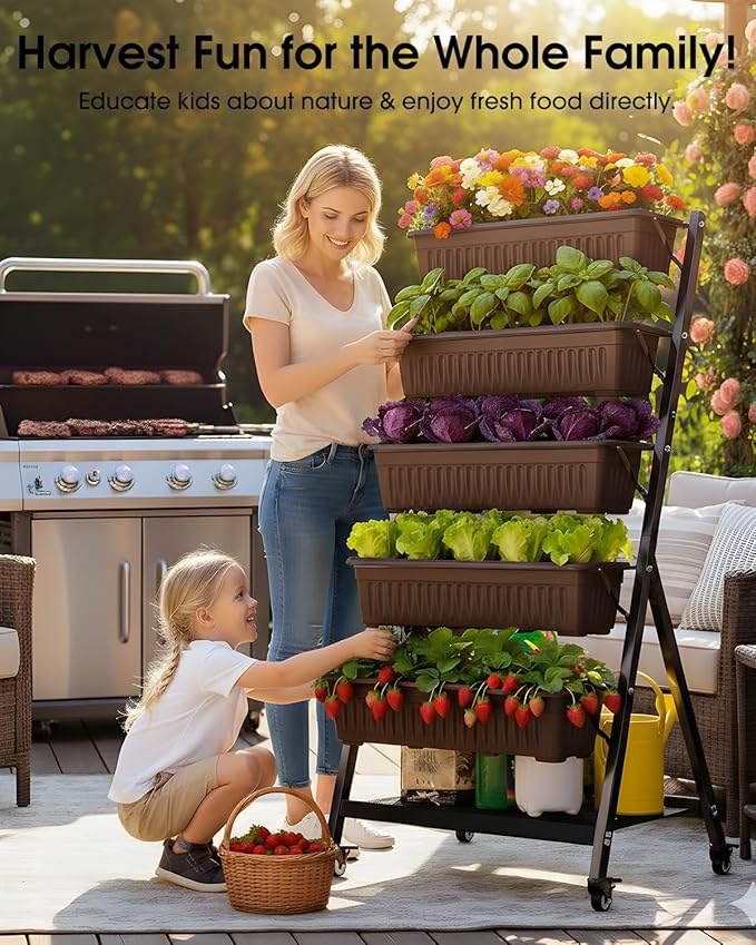 5-Tier Vertical Garden Bed Planter Boxes with Wheels Drainage System &amp Storage Space Mobile Vertical Garden Planter with 5 S-Hooks for Plants Vegetables Flowers Herbs in Garden Patio Yard