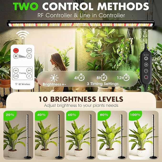 2 Pack LED Grow Lights for Indoor Plants Full Spectrum 48W 65 Inch Plant Lights for Seed Starting with Timer and 10 Level Dimmable Standing Plant Growing Lamp for Greenhouse with Hanging Accessories
