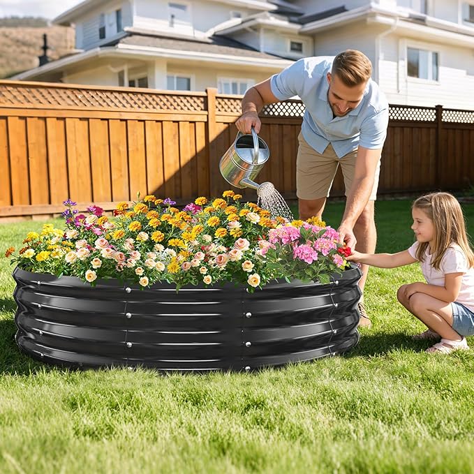 12 Inch Tall Heavy-Duty Round Steel Rised Garden Bed – Wave-Shaped Design Galvanized Metal Planter Box for Vegetables Flowers Succulent at Patio/Garden Outdoor (Black 60 Diameter)