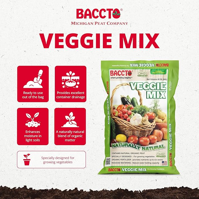 Michigan Peat Company BACCTO Veggie Mix with Peat Moss Indoor Outdoor Organic Nutrients for Planting &amp Growing Vegetables 40 Quart Bag