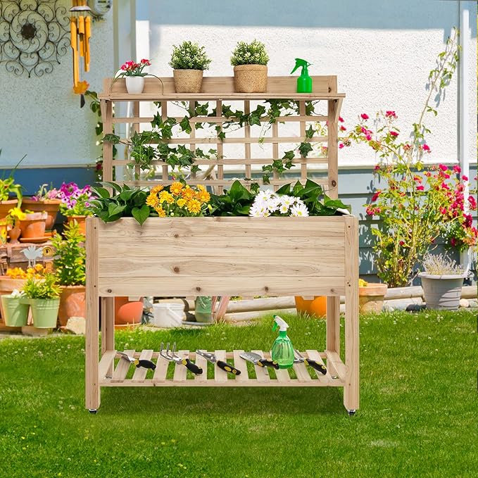 Giantex Rolling Raised Garden Bed with Trellis Wood Planter Box on Wheels Black Liner Storage Shelf Garden Trellis for Vine Climbing Flower Vegetable Herb or Hanging Tools 41.5x16x 54