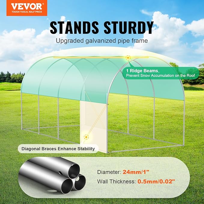 VEVOR Walk-in Tunnel Greenhouse 14.6x6.4x6.3 ft Hoop House Greenhouse Tunnel Plant Hot House with Galvanized Steel Frame Green PE Cover Roll-up Zipper Door and 8 Windows for Outdoor