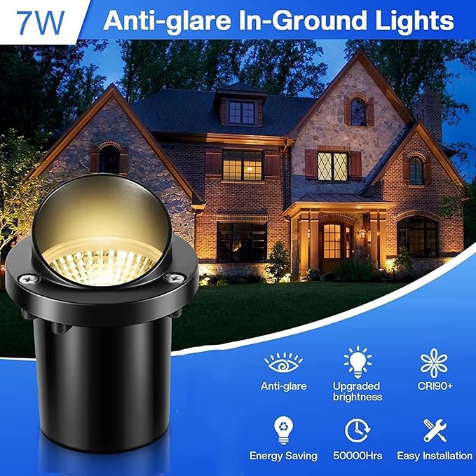 6Pcs Ground Led Landscape Lights - Recessed Floor Spotlights 7W Outdoor Anti-Glare Led Beam Spotlights Ip67 Waterproof Underground Buried Lamps for Driveways Steps L-Warm White-7W (12V)