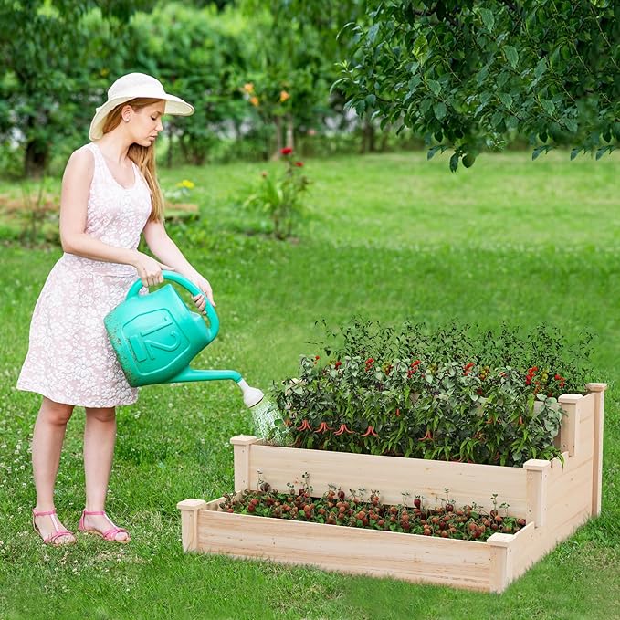 Giantex 3-Tier Raised Garden Bed Tiered Planter Box w/Open-Ended Base Fir Wood Elevated Raised Beds for Gardening Vegetable Flower Herb Fruit Perfect for Patio Lawn Backyard