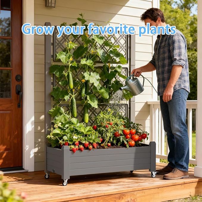 Mobile Garden Planter with Trellis &amp Lockable Wheels Outdoor Raised Bed with Drainage &amp Water Gauge Weather-Resistant Resin for Patio Balcony Yard Dust-Resistant (Grey 43.43*18.27*64.29)