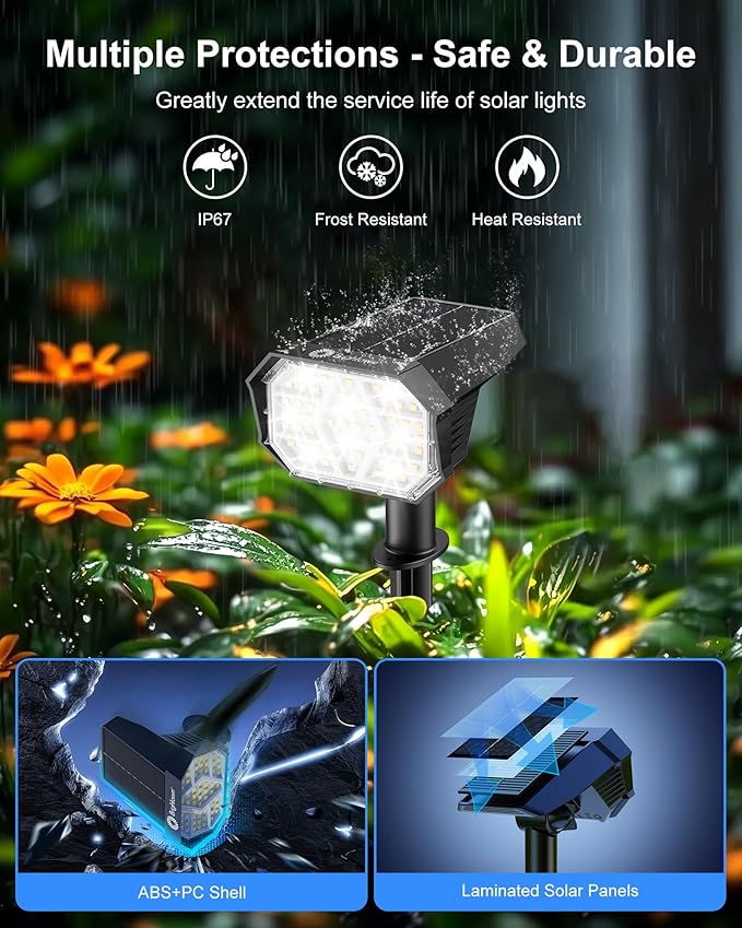 Brightown 4Pack Solar Spot Lights Outdoor with 58 LED &amp 1800mAh IP67 Solar Lights Outdoor Waterproof with 3 Light Modes 2-in-1 Dual Use Outdoor Solar Lights for Yard Garden and Pathway (Cool Wh