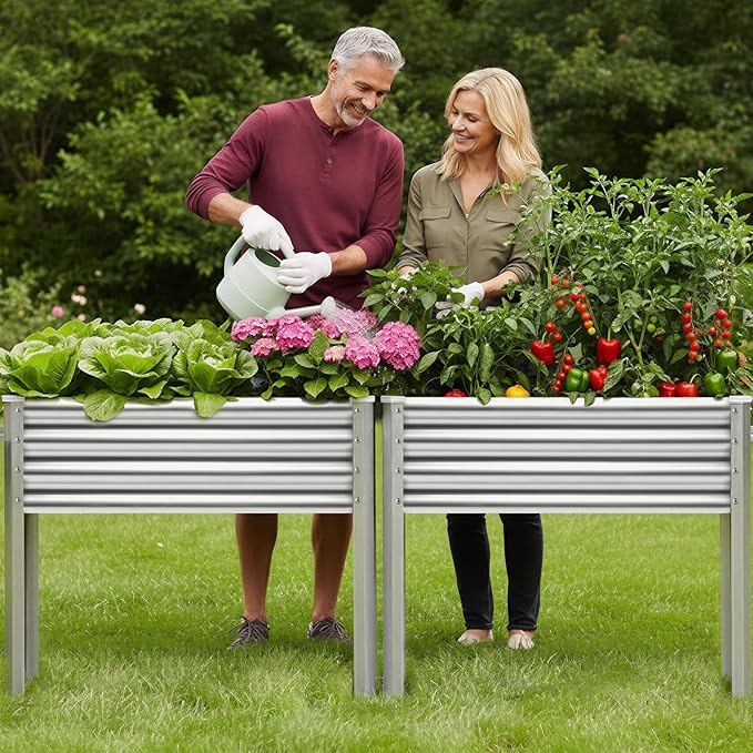 Land Guard 2 Pack Galvanized Raised Garden Bed with Legs &amp Wheels 36×12×32in Metal Elevated Raised Planter Box for Backyard Patio Balcony 300lb Capacity Silver