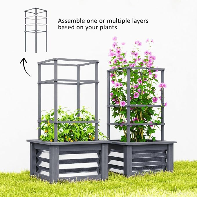Outsunny Raised Garden Bed with Trellis Wooden Planter Box with Galvanized Steel Sides Raised Flower Bed for Climbing Plants Flowers Fruits and Vegetables Gray